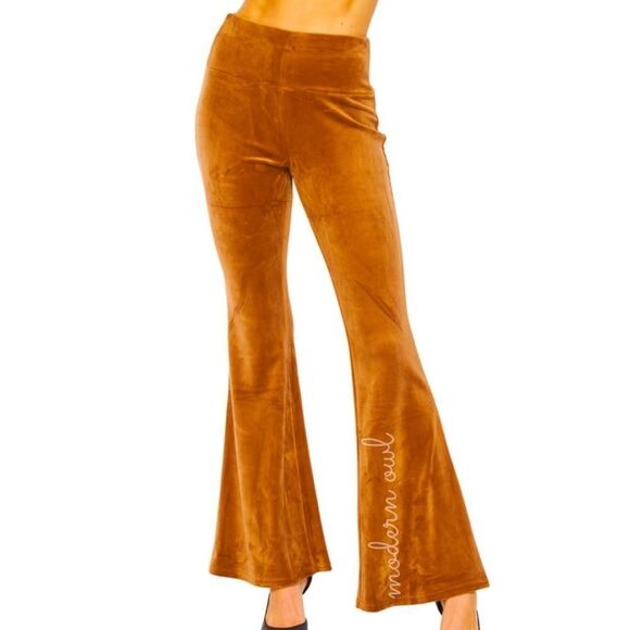 Neutral Tan Camel Velvet Flare Casual Dressy High Waist Yoga Lounge Pants - Picture 7 of 9